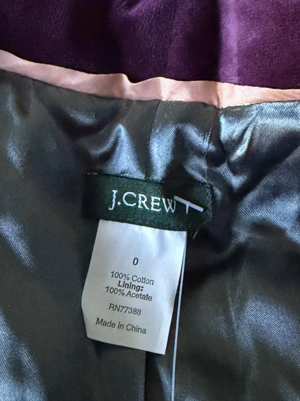 NEW J. Crew Women's Deep Plum Eden Velvet Blazer Jacket Size 0 39667